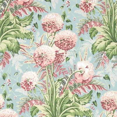 Anna French Dahlia Wallpaper in Coral on Robins Egg